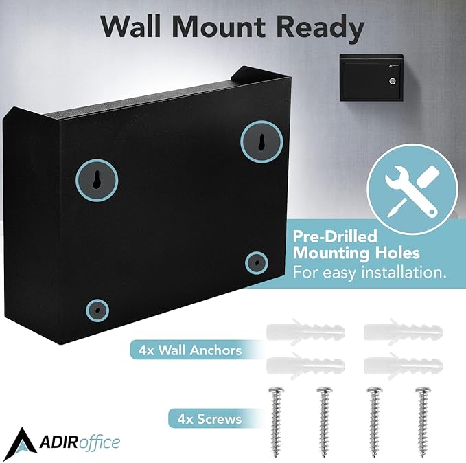AdirCorp. Suggestion Box with Lock, Safe Wall Mounted Mail Box, Key Drop, Donation File and Money Organizer, 9.75x7x3 (Black)