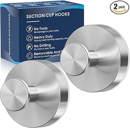 Suction Cup Hooks for Shower,2Pcs Shower Hooks for Inside Shower,No Drill Towel Hooks for Bathroom Wall,Kitchen,Glass,Mirror,Tile to Hang Towels,Robes,Loofah-Silver