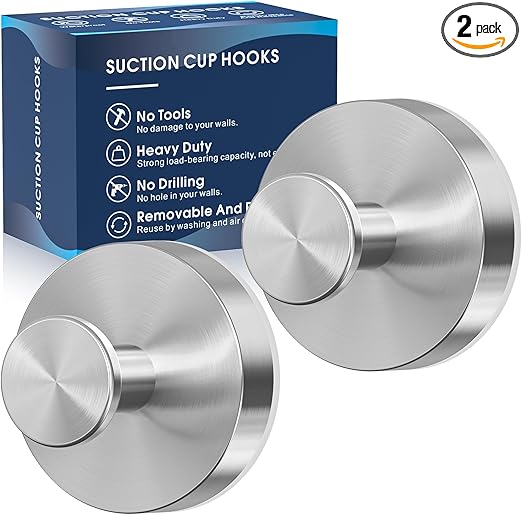 Suction Cup Hooks for Shower,2Pcs Shower Hooks for Inside Shower,No Drill Towel Hooks for Bathroom Wall,Kitchen,Glass,Mirror,Tile to Hang Towels,Robes,Loofah-Silver