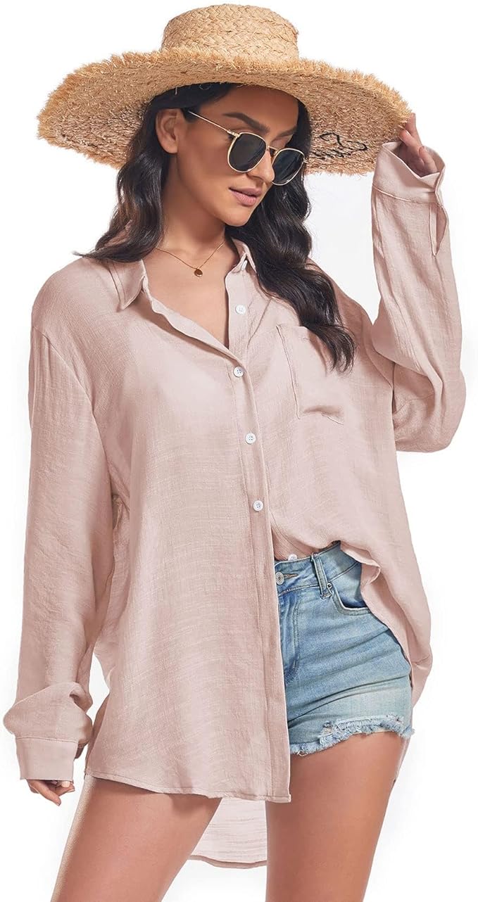 Century Star Womens Button Down Shirts Vacation Outfits Loose Fit Long Sleeve Casual Oversize Collared Blouse