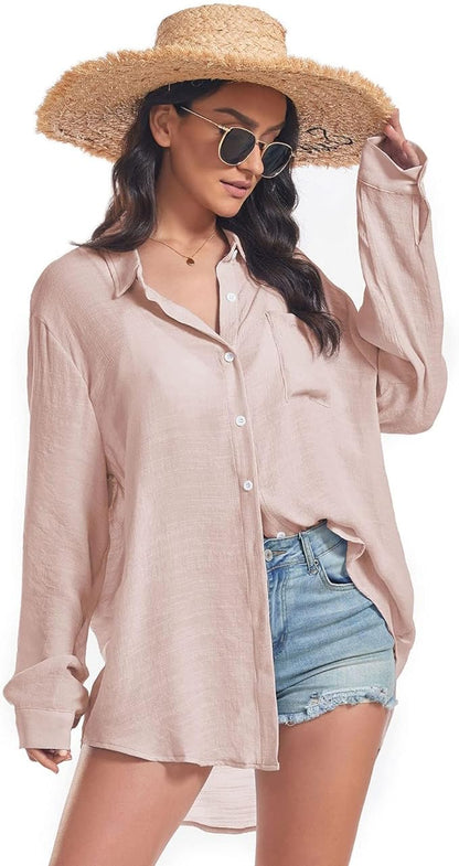 Century Star Womens Button Down Shirts Vacation Outfits Loose Fit Long Sleeve Casual Oversize Collared Blouse