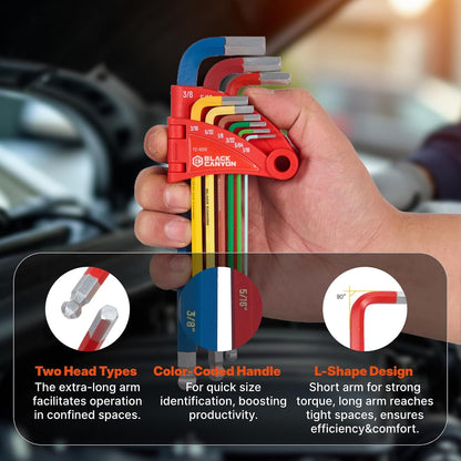 BLACK CANYON Hex Key Set, 9 pcs SAE Allen Key, Ball End, 1/16 in-3/8 in, Color-Coded Handle, Chrome, High Torque Steel, L-Shape Design, for Automotive Industry, Mechanics, Electrical Equipment