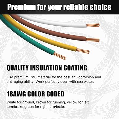 25Ft 4 Pin Trailer Wiring Harness Extension Kit, 4-Way Flat Plug, 5-Wire Male & 4-Wire Female Connector with 18 Gauge White Ground Wire