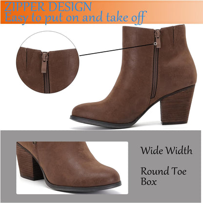 Luoika Women's Wide Width Ankle Boots, Chunky Heel Side Zipper Extra Wide Short Booties