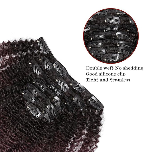 Ombre Remy Clip in Human Hair Extensions Afro Kinky Curly For Black Women 4A 4B 100 Human Hair Clip ins Two Tone 1B99J Burgundy Wine Red Full Head (10 inch,T1B99J AC)