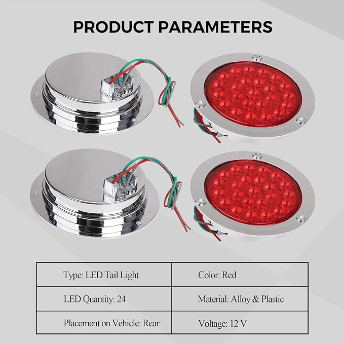 BLACKHORSE-RACING 4PCS 4" Round 24 LED Truck Trailer Stop Turn Tail Brake Lights w/Chrome Grommet, Universal Fit Vehicles with DC 12V