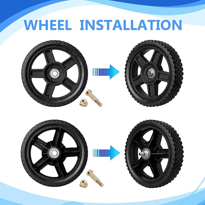 8 Inch Lawn Mower Wheels Wheel kits with Bolts  Nuts - Set of 2 Push Mower Plastic Wheels Fits Craftsman Mower Generator Garden Tiller Most Standard Lawn Mowers (81.75'')