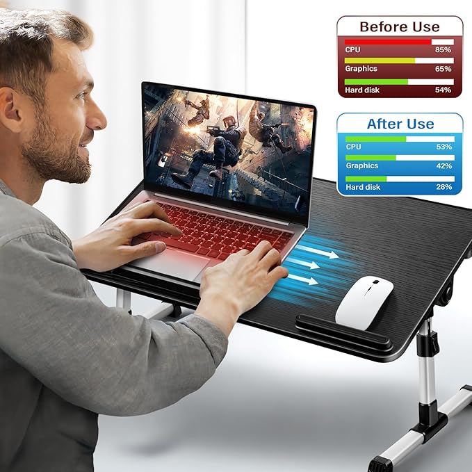 Adjustable Laptop Lap Desk with Fan and Drawer, Stand for Bed, Couch, Floor (20.9" x 11.8", Black) - Fits Laptops up to 15.6"