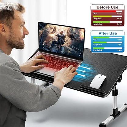 Adjustable Laptop Lap Desk with Fan and Drawer, Stand for Bed, Couch, Floor (20.9" x 11.8", Black) - Fits Laptops up to 15.6"