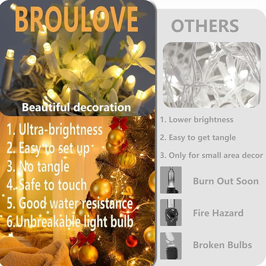 Christmas Lights 50 Count, 25 ft Christmas Lights Outdoor  Indoor, Commercial Grade, Heavy Duty White Wire, Warm White Light, 6 inches Spacing