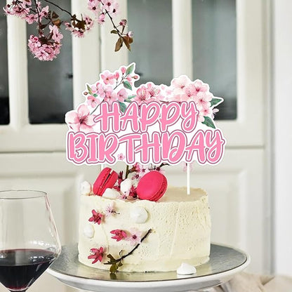 Cherry Blossom Happy Birthday Cake Topper, Japanese Sakura Cake Pick Decoration for Girls Women Birthday Party Supplies