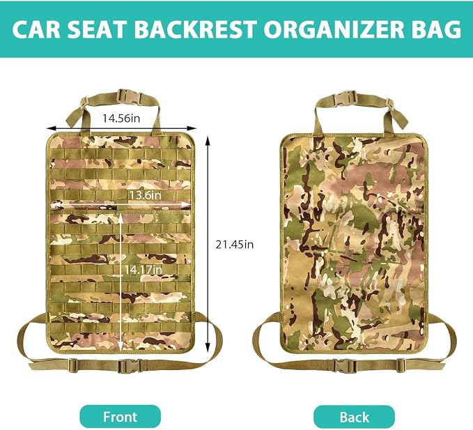 Car Seat Back Organizer, Tactical MOLLE Sag Proof Vehicle Panel Backseat Cover Protector, Universal Molle Nylon Storage Bag Seat Back Hanger Pad for Car Truck SUV Pickup (Camouflage CP)