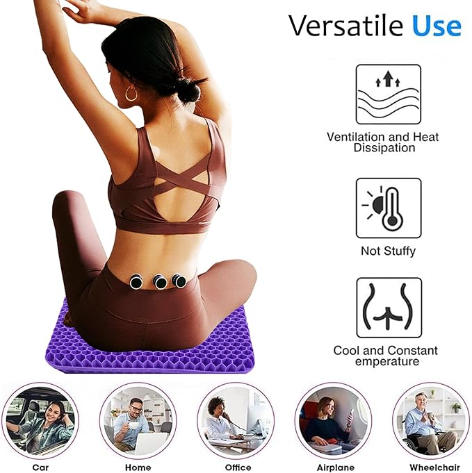 Yimiyaa Gel Seat Cushion, Double Thick Egg Gel Cushion for Pressure Pain Relief, Breathable Wheelchair Cushion Chair Pads for Car Seat Office Chair Purple and Black