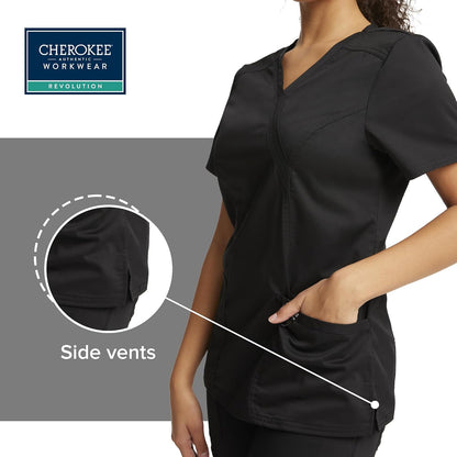 Cherokee Scrubs Top for Women Mock Wrap with 3 Pockets, Soft, 2-Way Stretch & Durable Fabric - WW610