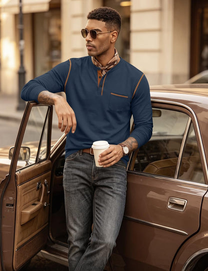 QOSOQ Men's Henley Shirt Long Sleeve T-Shirt Casual Top Pullover Lightweight Top Shirts with Button.