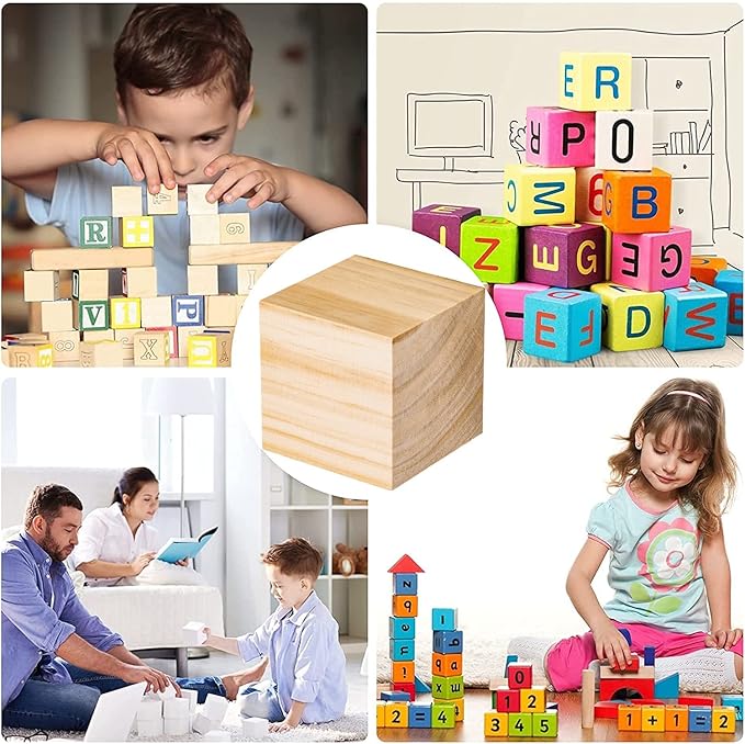Large Wooden Blocks for Crafts, Unfinished Wood Cubes, 3 Inch Natural Blank Square Wooden Blocks for Arts, Baby Shower DIY Projects