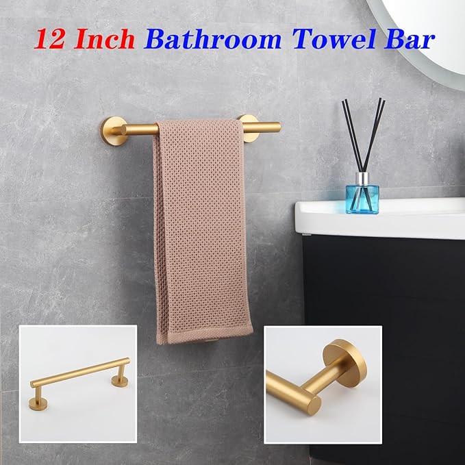 GERZWY 12-Inch Bathroom Towel Bar Modern Round Style Gold Stainless Steel Hand Towel Holder Wall Mount AG1101C30.5-BE