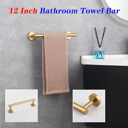 GERZWY 12-Inch Bathroom Towel Bar Modern Round Style Gold Stainless Steel Hand Towel Holder Wall Mount AG1101C30.5-BE