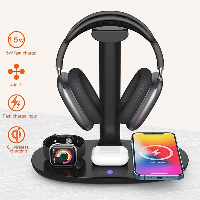 Wireless Charger Compatible,Detachable Design Headphone Stand,Stylish Appearance 4 in 1 Wireless Charger with Headphone Stand Headset Holder,for Mobile Phones Earphones Watches
