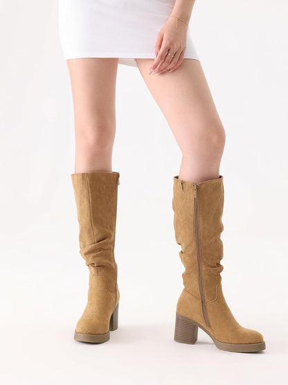Knee High Boots for Women Chunky Heel Platform Slouchy Stretchy Suede Round Toe with Side Zipper Fall and Winter Fashion Comfortable Boots