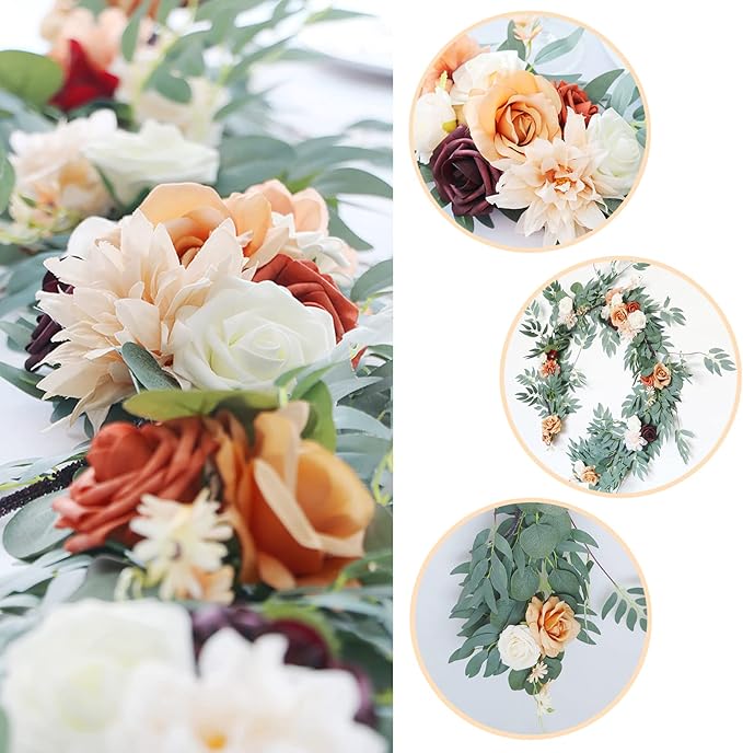 Emivery Artificial Eucalyptus Garland with Flowers, Terracotta Flowers Wedding Table Runner Floral Arrangements for Fall Wedding Ceremony Backdrop Arch Centerpieces
