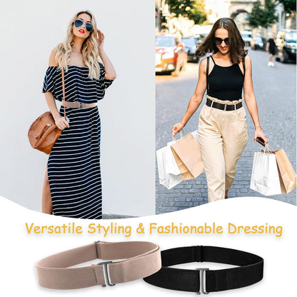 HAWOWZ 2Pcs No Show Stretch Belt for Women Invisible Elastic Tuck Band, Adjustable Strap Crop Belt with Flat Buckle for Jeans Pants Dresses