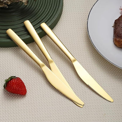 Evanda Gold Dinner Knives Set 12 Pieces, Titanium Plating Stainless Steel Butter Knives Table Knives, Flatware Steak Knives Silverware Set, Cutlery Set, Dishwasher Safe