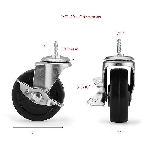 Wheels for Shelves Heavy Duty, 3 inch Casters for Wire Shelving, Stems 1/4" - 20 x 1 Thread Shelf Caster Wheels, 1/4-20 Casters Set of 4, Stem Caster Wheels