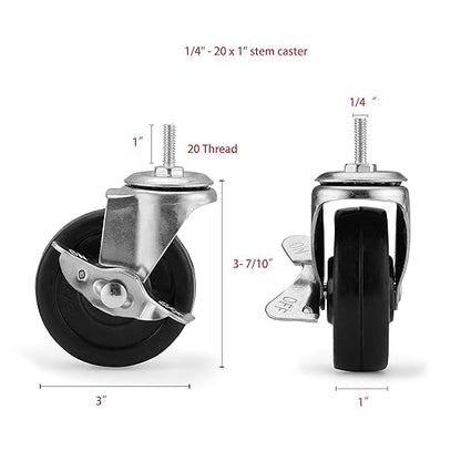 Wheels for Shelves Heavy Duty, 3 inch Casters for Wire Shelving, Stems 1/4" - 20 x 1 Thread Shelf Caster Wheels, 1/4-20 Casters Set of 4, Stem Caster Wheels