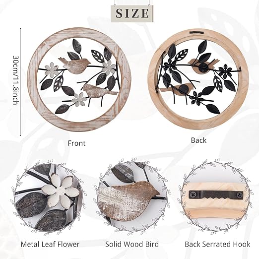 2 Pieces Ultra-thick Farmhouse Wall Decor Bird on Tree Branch Kitchen Wall Decor Rustic Wood Bird Wall Art for Outdoor Kitchen Bathroom Bedroom Living Room 11.8 * 11.8inch
