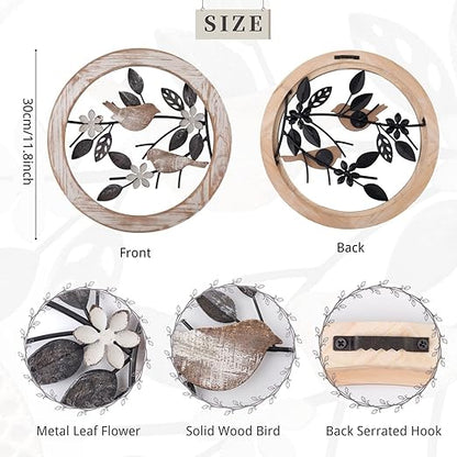 2 Pieces Ultra-thick Farmhouse Wall Decor Bird on Tree Branch Kitchen Wall Decor Rustic Wood Bird Wall Art for Outdoor Kitchen Bathroom Bedroom Living Room 11.8 * 11.8inch