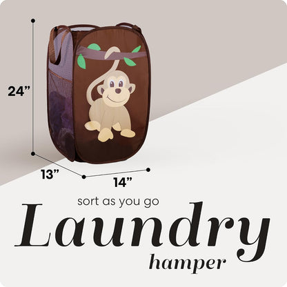 Handy Laundry Collapsible Mesh Pop Up Laundry Hamper with Side Pocket – Breathable, Space-Saving, Foldable Basket for Clothes, Toys, Travel & Storage, 14 x 13 x 24 in, Monkey