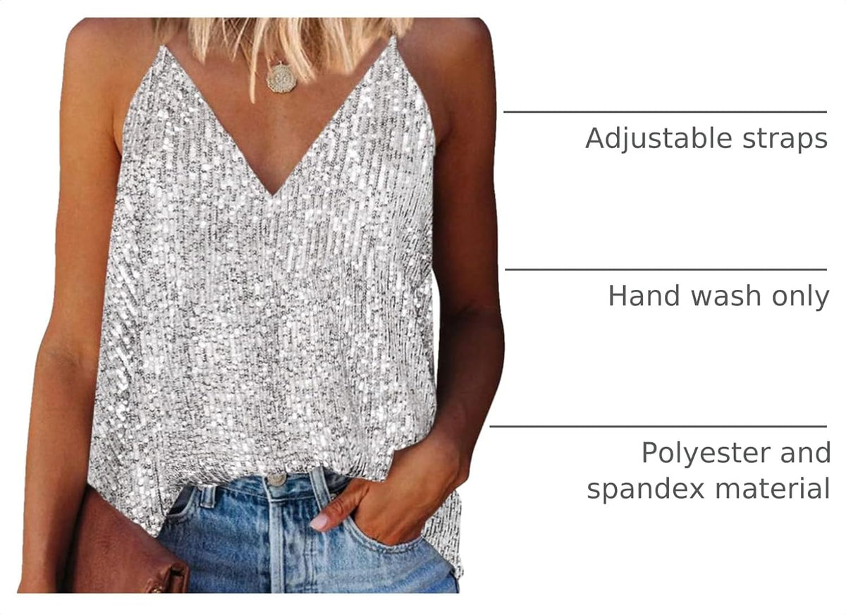 miduo Womens Tank Tops Casual Fashion V Neck Strappy Sequin Sparkle Shimmer Camisole Sleeveless Tanks Tops