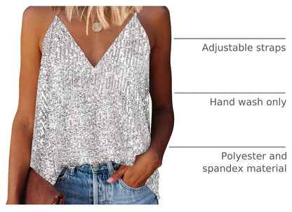 miduo Womens Tank Tops Casual Fashion V Neck Strappy Sequin Sparkle Shimmer Camisole Sleeveless Tanks Tops
