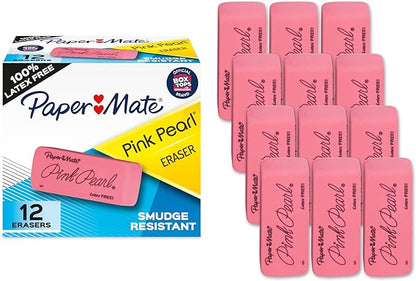 Paper Mate Large Pink Pearl Erasers, 12 pcs, Stain Resistant, Latex-Free, Back-to-School Supplies for Teachers & Students, Artists, for Classroom, Office & Home