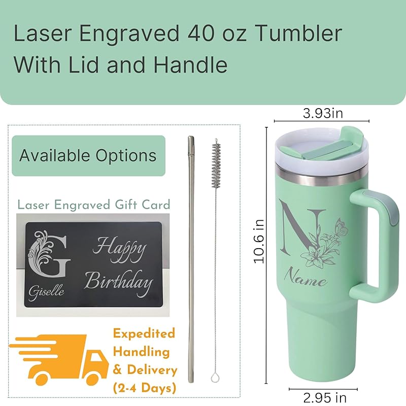 Personalized 40 oz Tumbler With Engraved Name, Custom Monogrammed Initial Thermos With Handle, Customized Birthday Gift Cup For Women, Bridesmaid Coffee Mug With Straw