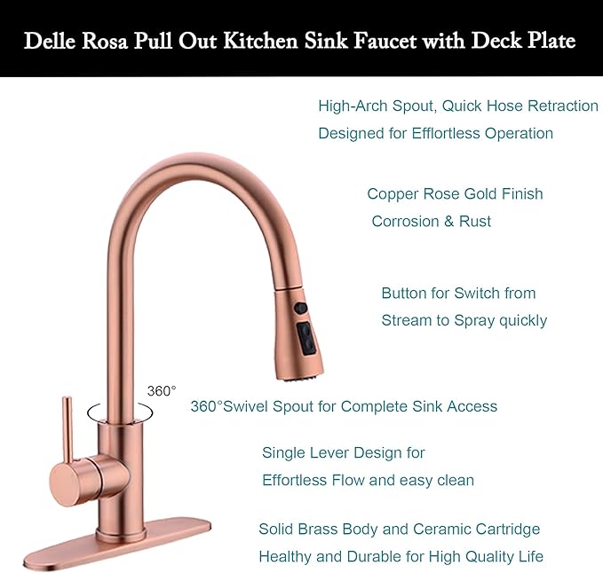 Delle Rosa Copper Rose Gold Kitchen Faucet, Deck Mount, 304 Stainless Steel, Single Handle, 3-Way Spray Setting, Easy Installation
