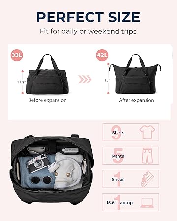 BAGSMART Travel Duffle Bag, Weekender Bags for Women Large Carry on Overnight Bag, Gym Bag with Trolley Sleeve, Personal Item Travel Bag Workout Dance Bag, Black