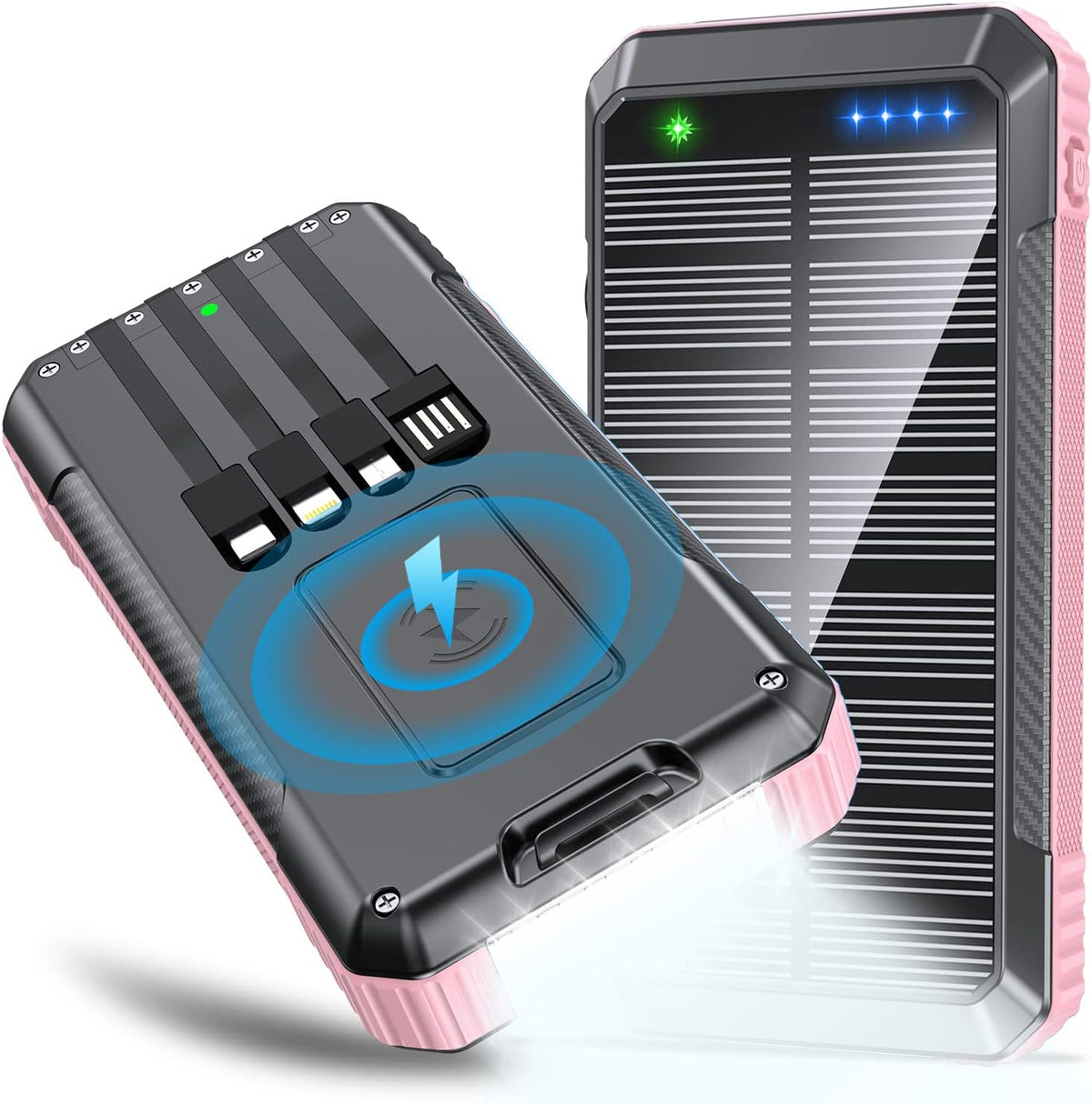 DJKK - Wireless Solar Power Bank Charger, 33800mAh, 4 Built-in Cables and 22.5W LED Camping Lights, Fast Charging Power Bank, 7 Outputs, 4 Inputs, Portable Charger