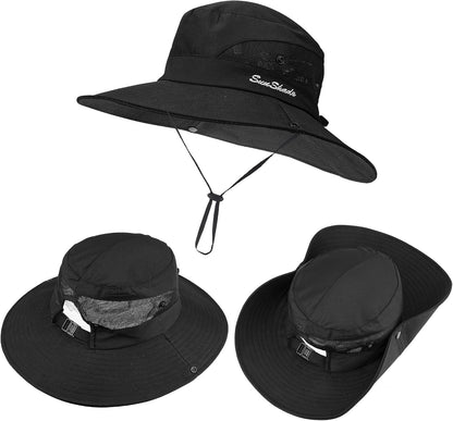 Women's Outdoor UV-Protection-Foldable Sun-Hats Mesh Wide-Brim Beach Fishing Hat with Ponytail-Hole. ( Black )