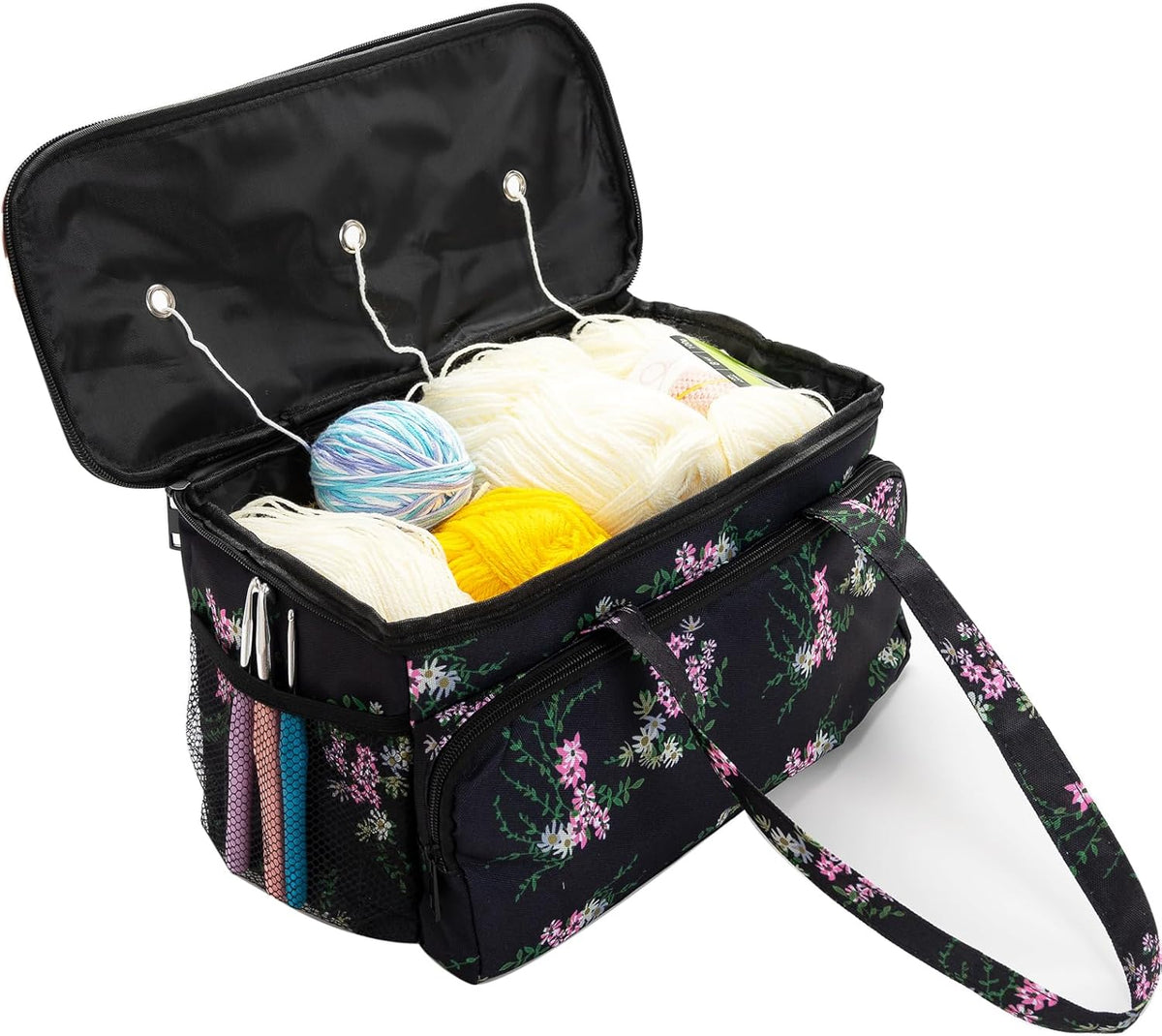 Ryhiac Yarn Storage Organizer Tote Bag Knitting Project Bag Yarn Holder Traveling Crochet Handbag Floral for Bulk Yarns,Crochet Hooks,Knitting Needle,Crochet Acessories.