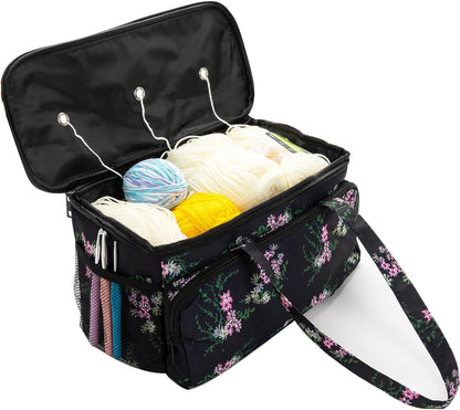 Ryhiac Yarn Storage Organizer Tote Bag Knitting Project Bag Yarn Holder Traveling Crochet Handbag Floral for Bulk Yarns,Crochet Hooks,Knitting Needle,Crochet Acessories.