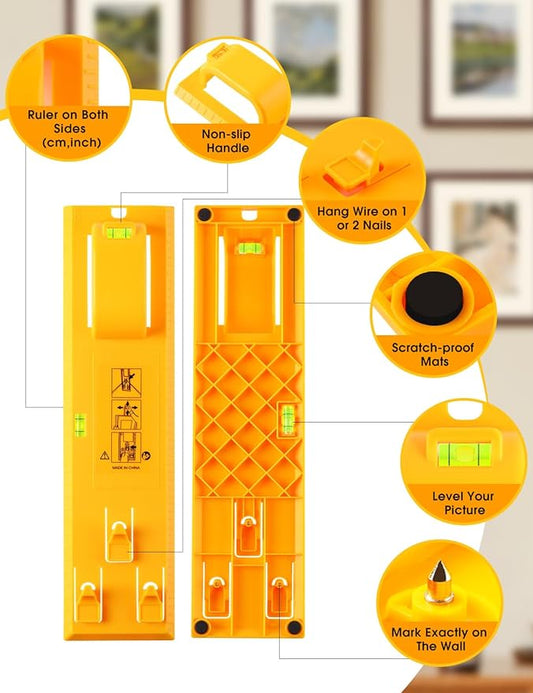 Picture Hanging Tool with Level, Goodsnova Photo Frame Hanging Tool for Easy Marking Position, Wall Hanger Helper Guide for Photo Art Painting Frame (Plastic, Yellow)
