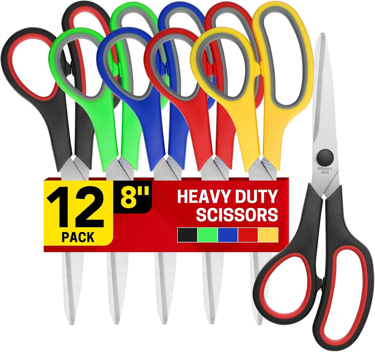 BURVAGY 8" 12 Pack All Purpose Heavy Duty Scissors- Comfort-Grip Sharp Scissors for Office School Sewing Fabric Craft High/Middle School Student Teacher Scissor, Right/Left Hand (Assorted Colors)