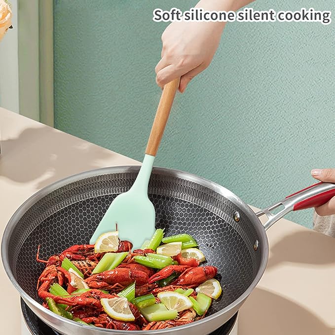 Silicone Solid Spatula with Wooden Handle, Heat Resistant and Non Stick Cooking Utensil, Kitchen Turner for Frying, Baking, Flipping, Mixing, Serving, Draining, Stirring (light green)