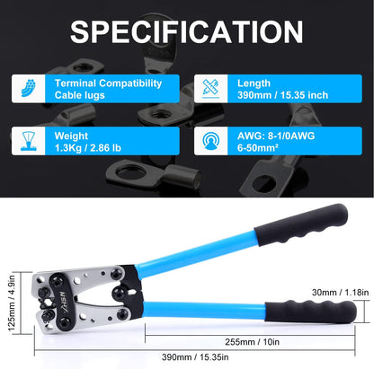 Zhushan Battery Wire Crimper, Battery Cable Lug Crimping Tool 10-1/0 AWG, Heavy Duty Wire Crimper for Battery Terminal