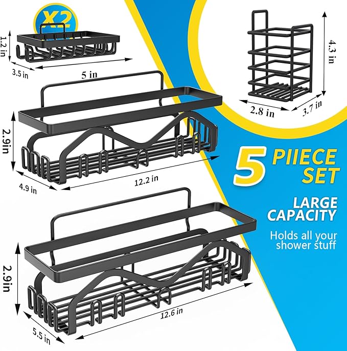 Coraje Shower Caddy, Shower Shelves [5-Pack], Adhesive Shower Organizer No Drilling, Large Capacity, Rustproof Bathroom Shower Organizer, Shower Shelf for Inside Shower (Black)