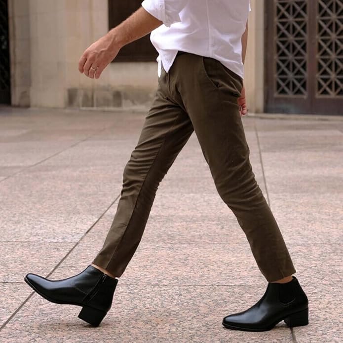Size 45-Eu QEOSNBX Men'S Classic Leather Chunky Heel Chelsea Boots With Side Zipper Fashion Pointed Toe Elastic Band High Top Block High Heel Formal Chukka Booties For Casual Business Party Wedding