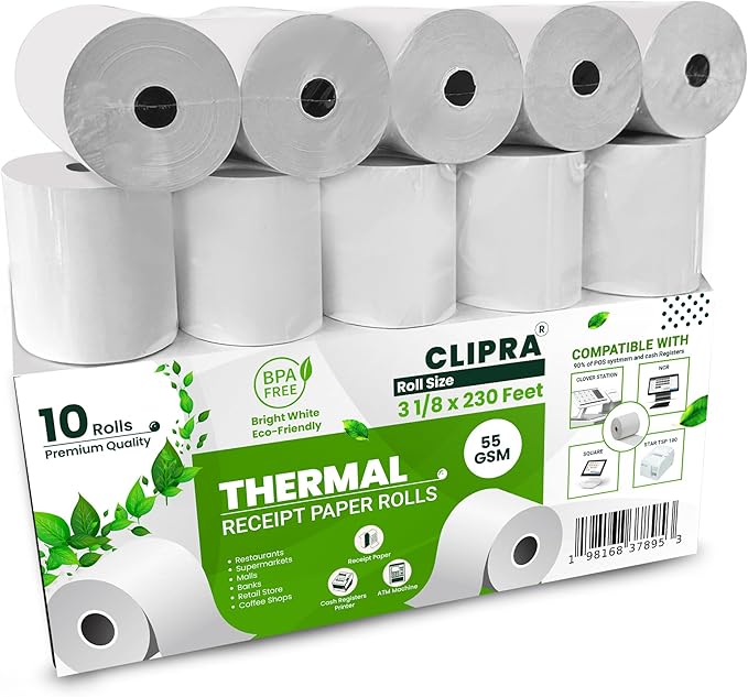3 1/8 x 230 Thermal Paper Receipt Rolls (10 PACK) [USA Based Brand] 55 GSM - Compatible with All POS Systems, Cash Registers - BPA Free, Premium Quality Receipt Paper Rolls