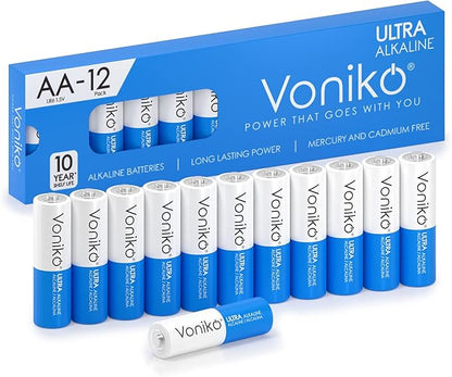 Voniko - Premium Grade AA Batteries - (12 Pack) - Alkaline Double A Battery - Ultra Long-Lasting, Leakproof 1.5v Batteries - 10-Year Shelf Life